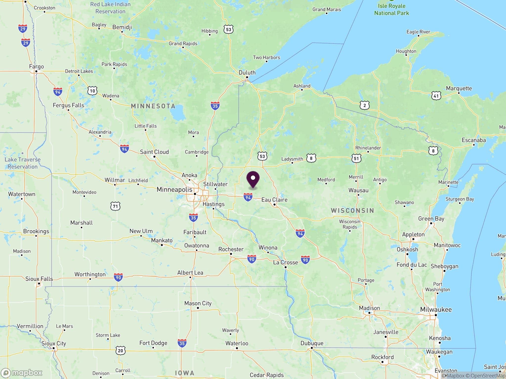 Locator map: the site is in the Town of Hay River, Dunn County, west-central Wisconsin, near Menomonie along the I-94 corridor
