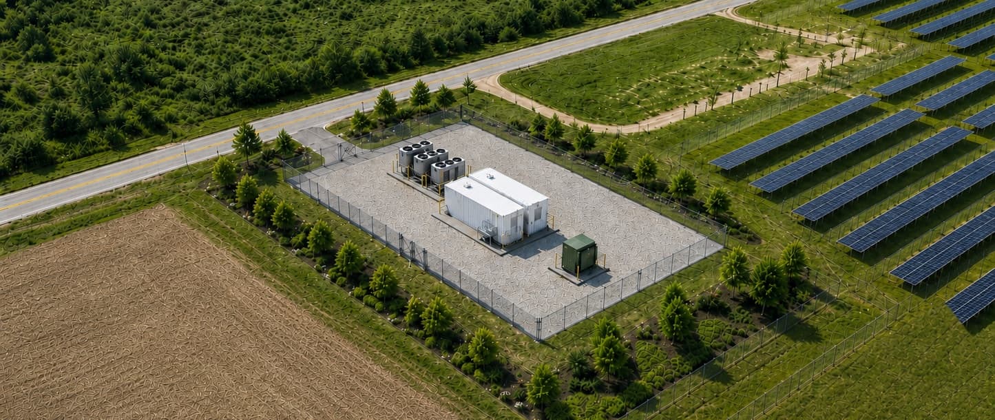 Conceptual aerial rendering of the proposed Hay River site: a small fenced modular data center beside an existing solar array and industrial facility, surrounded by farmland