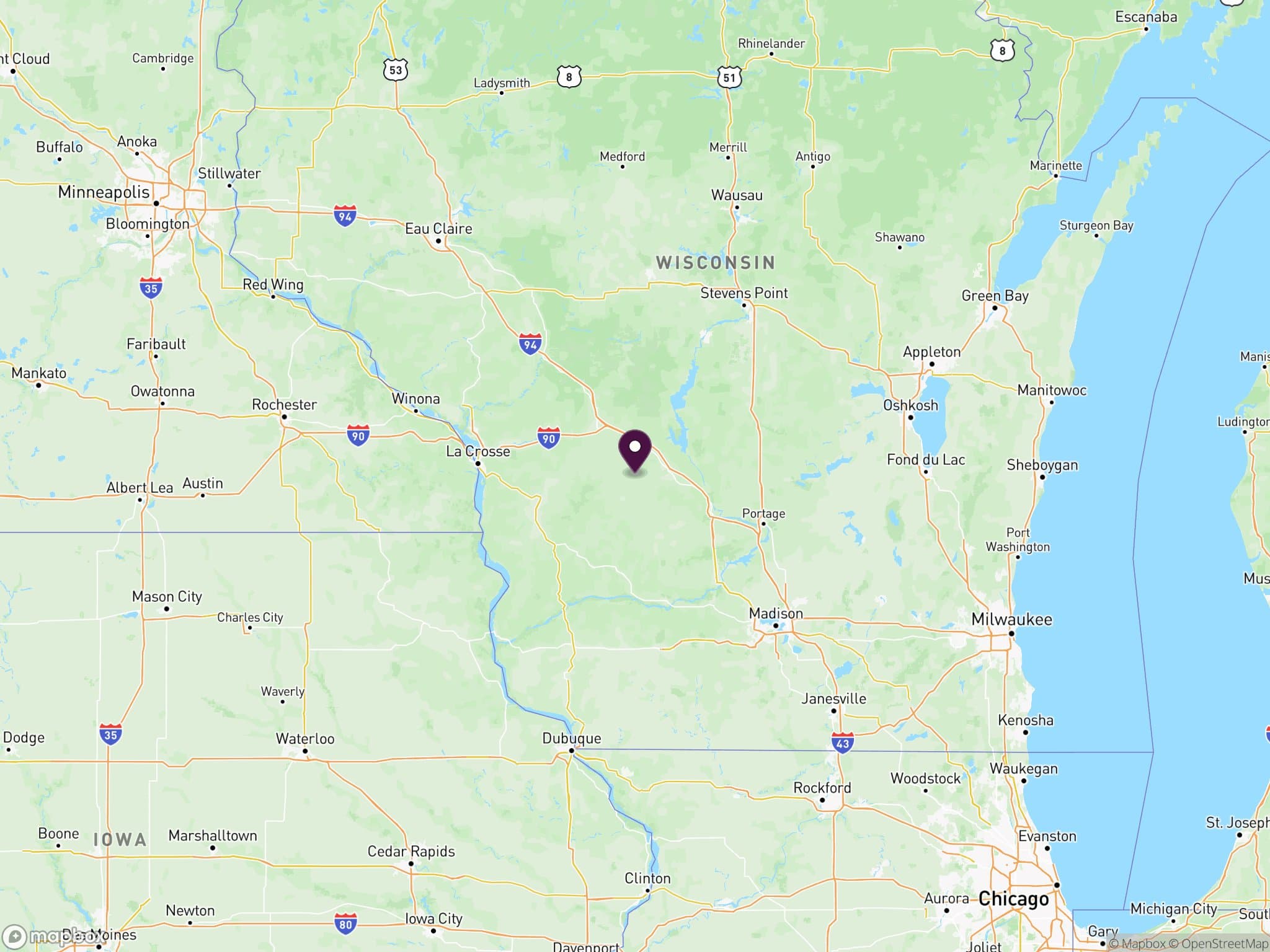 Locator map: the site is in the Town of Plymouth, Juneau County, west-central Wisconsin, near Elroy, southeast of where I-90 and I-94 meet at Tomah