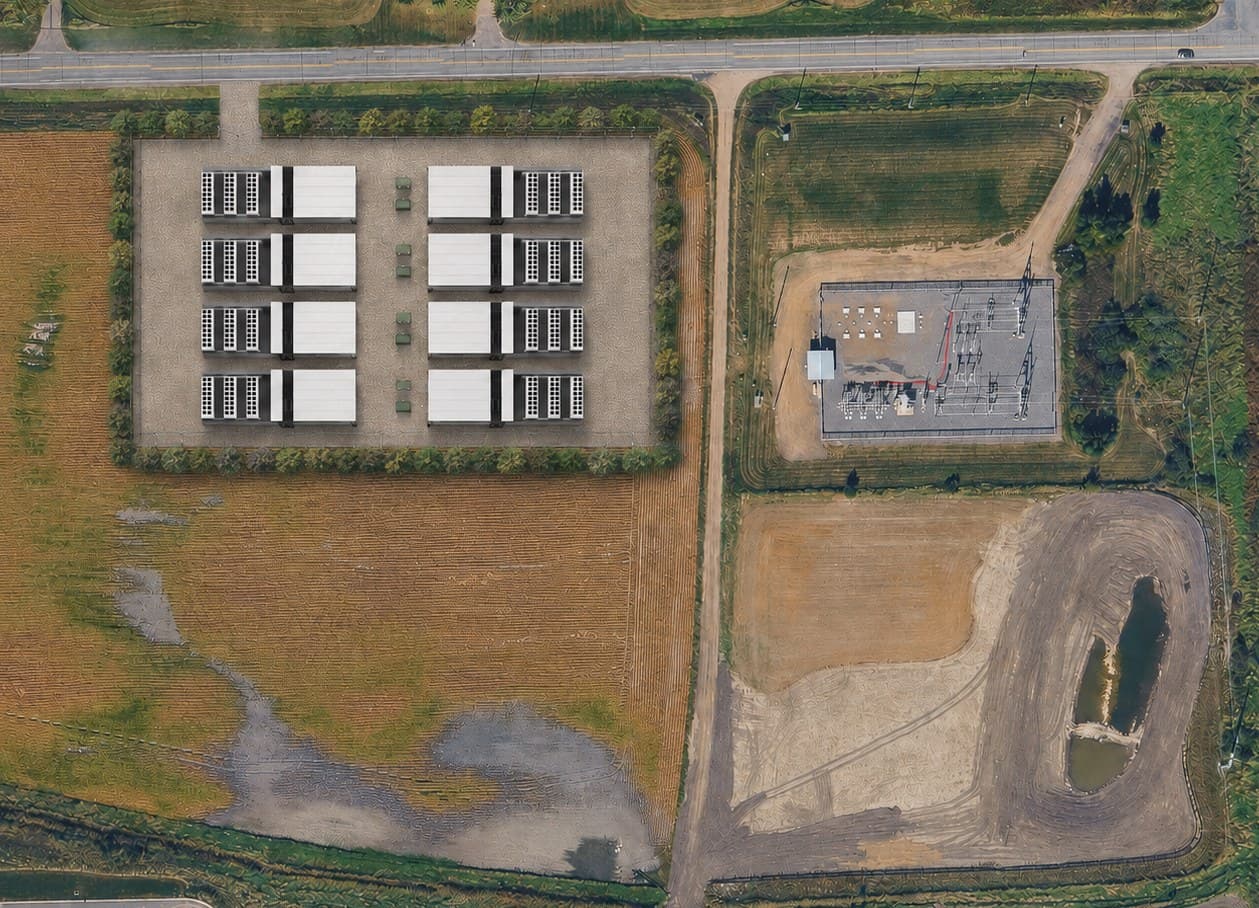Conceptual aerial rendering of the proposed Oakwood site: rows of modular units and cooling equipment on a gravel pad, ringed by planted screening on all four sides, beside the existing electrical substation and surrounded by farm fields